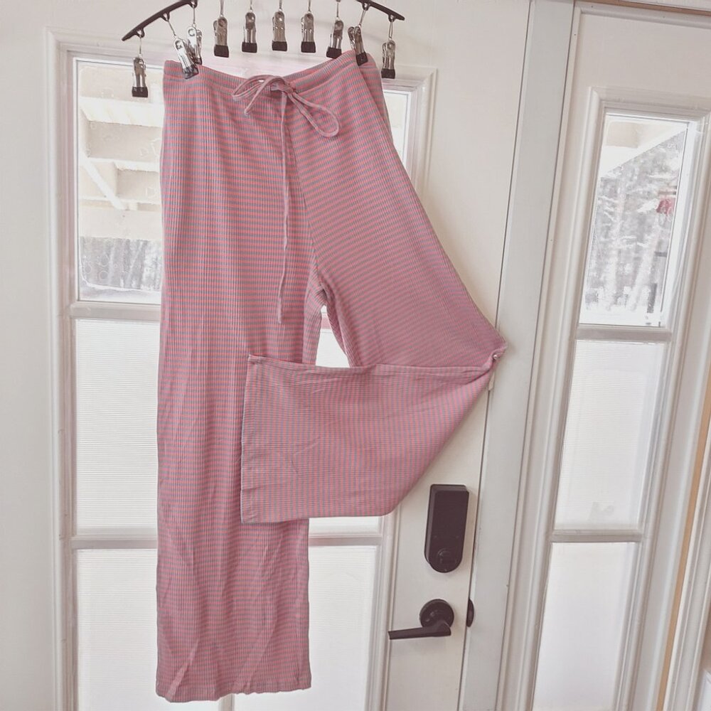 Wide leg cotton pants, drawstring sweatpants, apricot/grey striped with pockets